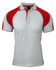 A polo shirt with a white body and red raglan sleeves, featuring a collar and a logo on the chest.