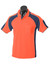 An orange and navy polo shirt featuring a pocket and a logo. Suitable for casual or workwear.
