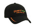 A black cap featuring green and orange embroidery, with a logo and text on the front.