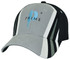 A cap featuring a grey, black, and white design with a logo on the front.