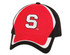 A red and black cap featuring an embroidered letter 'S' and a logo.