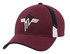 A maroon cap featuring a logo, with black and white accents on the sides and a curved brim.