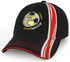 A black cap featuring a globe design and contrasting red stitching, with a logo on the front.