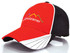 A red and black cap featuring a logo and colourful mountain design on the front.