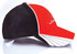 A cap featuring a red front and black sides, with a white peak and a logo on the front.