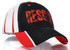 A black and red cap featuring a bold design and a logo on the front.