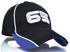 A black and blue cap featuring a large white logo on the front and contrasting stitching.