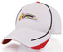A white cap with a red brim and an embroidered logo on the front.