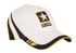 A white cap featuring a black and yellow design, with a logo on the front.