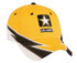 A yellow cap with black and white accents, featuring a logo on the front.