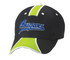 A black cap with green and white accents features a blue logo on the front.