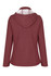 A soft shell jacket in a deep burgundy colour with a hood and a white lining. It features a logo on the back.