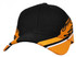 A black and orange cap with flame designs, featuring a branded logo on the front.