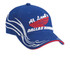 A blue cap featuring decorative white stitching and a logo on the front. It has a red accent on the brim.