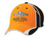 An orange and black cap featuring an embroidered logo on the front and contrast stitching.