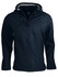 A navy soft shell jacket featuring a hood, zippered front, and branding. Ideal for outdoor wear.