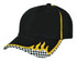 A black cap with yellow accents and a checkered pattern on the brim, featuring flame designs.