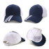 A navy and white cap featuring a logo, with a curved brim and adjustable back.