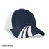 A navy and white cap featuring stripes and a branded logo on the front.