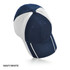 A navy and white cap with a mesh design and a logo, featuring contrasting stitching and a curved brim.