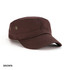 A brown military cap with a flat top and a wide brim, featuring decorative eyelets.