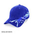 A blue cap featuring a splash design in shades of blue and white, with a logo on the front.