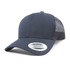A navy trucker cap featuring a mesh back and a branded patch on the front.