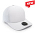 A white cap made of polyester and mesh with a circular logo on the front.