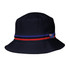 A navy bucket hat featuring a contrasting band with red and blue stripes, and a logo on one side.