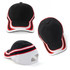A black cap with red and white accents, featuring a curved brim and a logo on the front.
