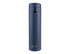A drink bottle with a sleek navy blue finish and a flip-top lid, featuring a logo on the front.