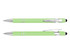 A stylus pen in light green with chrome accents and a clip, featuring a smooth writing tip.