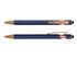 A navy blue stylus pen with rose gold accents, featuring a sleek design and a logo on the body.