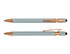 A stylus pen featuring a mint green body with rose gold accents and a rubber tip for touchscreen use.