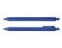A blue ballpoint pen displayed from two angles, featuring a smooth design and a clip for easy attachment.