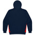 A navy hoodie featuring red side panels and a hood, with a logo on the back.