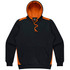 A black hoodie with orange accents and a front pocket, featuring a drawstring hood and a logo.
