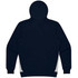 A navy hoodie featuring a hood and a logo, displaying a simple design with grey accents.