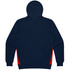 A navy hoodie with red side panels, featuring a hood and long sleeves, and displaying a logo.