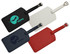 A set of three luggage tags in black, white, navy blue, and red, featuring a logo and adjustable straps.