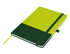 A green and yellow A5 notebook with an elastic band and a ribbon bookmark, featuring a logo.