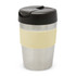 A drink bottle featuring a stainless steel body, cream silicone grip, and a black lid. It has a logo on the side.