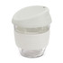 A drink bottle made of borosilicate glass, featuring a light grey silicone sleeve and lid. It has a sleek design.