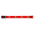 A red luggage strap featuring a branding logo and a secure buckle. The strap has a vibrant design.