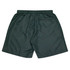 Green kids' sports shorts with an elastic waistband and a back pocket. Features a logo.