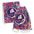 A purple cotton drawstring backpack with a floral design and a central logo, featuring various colourful flowers.