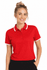 A red polo shirt with white accents, featuring a collar and buttons, designed for women.