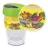 A drink bottle featuring a transparent body, green lid, and an illustrated wrap of various vegetables. It has a logo on it.