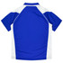 A blue and white polo shirt featuring a branded logo on the back.