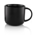 A black ceramic coffee mug with a rounded design and a comfortable handle, featuring a glossy finish.